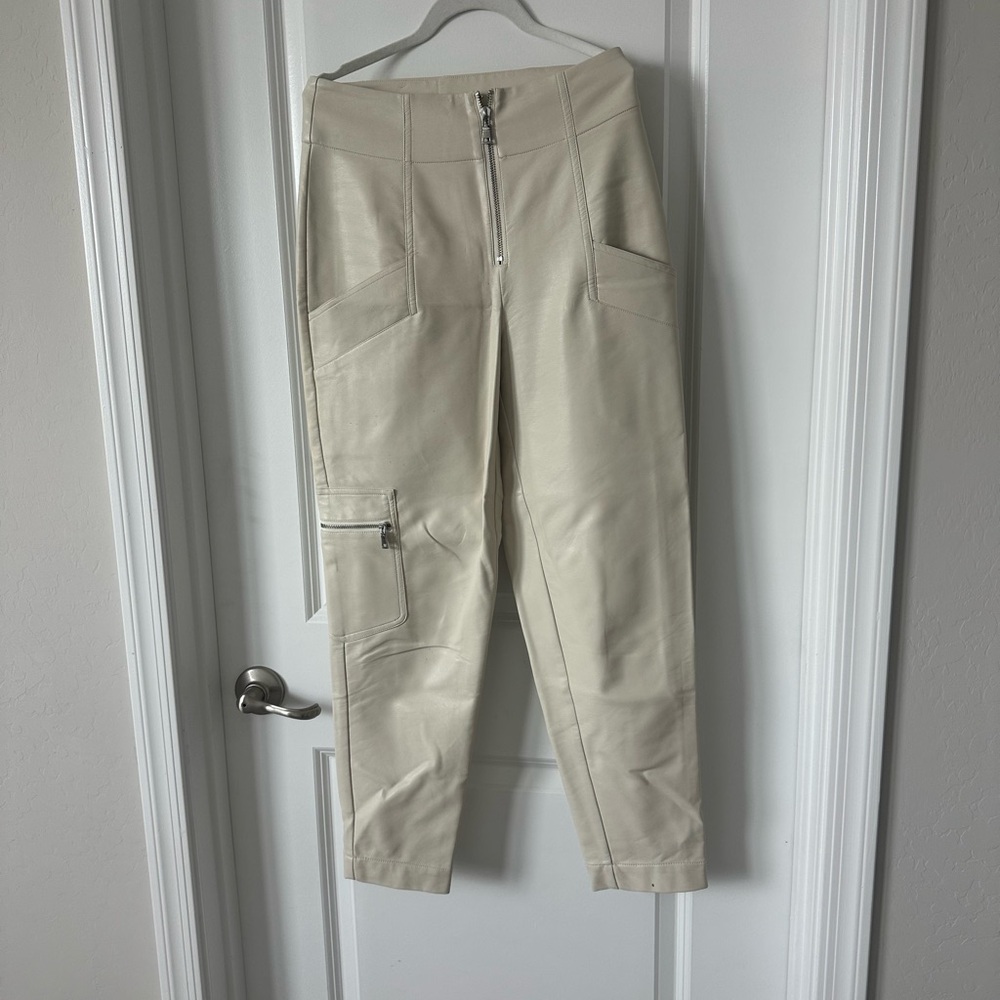 INTERMIX Cream Straight Leg Leather Pants with Flat Waistband